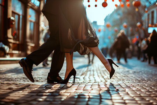 Passionate tango steps on a sunlit cobblestone street