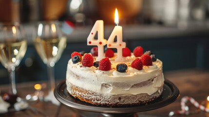 A birthday cake with a candle that says the number 44 on it.