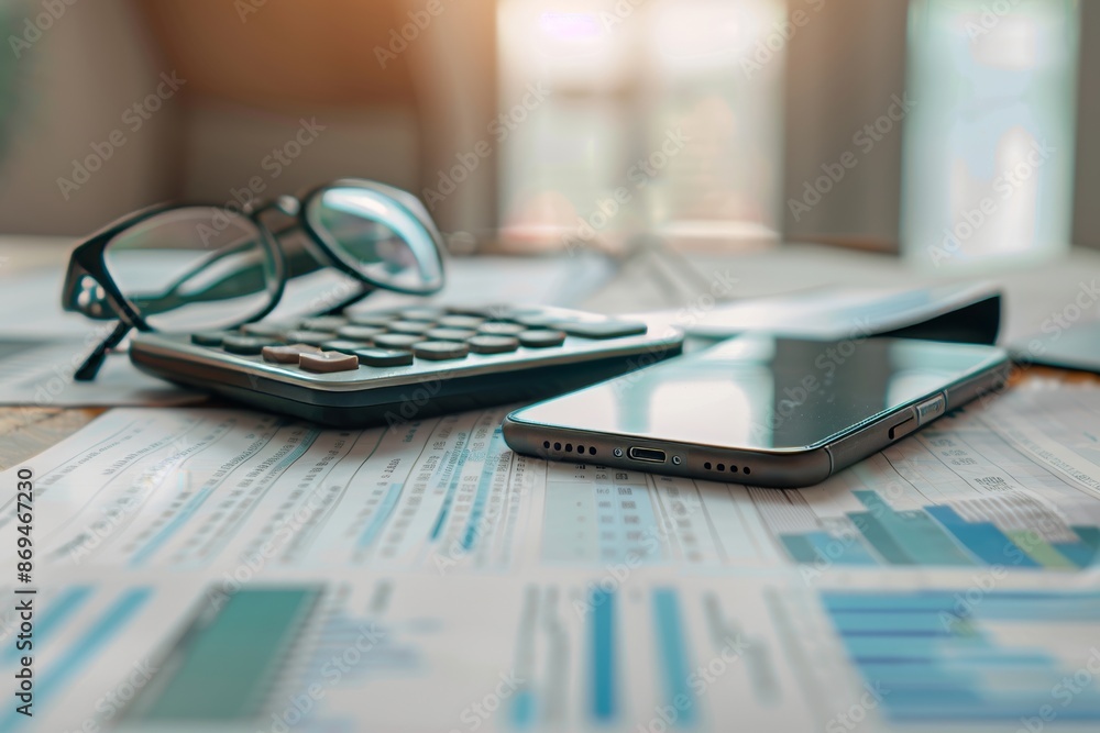 Poster financial abstract concepts shown in graphs and charts on a desk with a calculator. this is an abstr