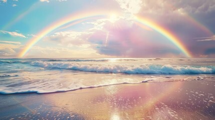 Rainbow over beach, magical summer moment