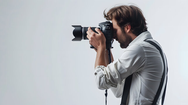 Professional photographer capturing a shot with a DSLR camera in a studio setting. Side profile, focus, creativity, and expertise are depicted. - Powered by Adobe