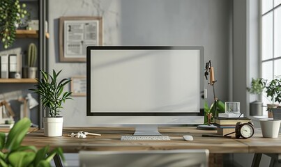 Elegant office with an empty frame on the desk