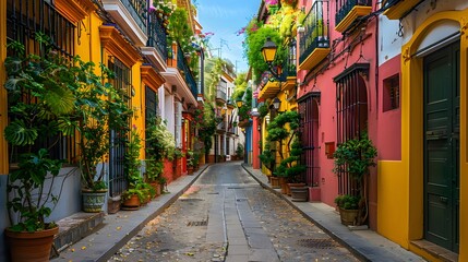 Obraz premium Photo of old street in Seville, Spain with colorful houses and plants. The photo shows an old street in Seville, Spain with colorful houses and plants, traditional Spanish architecture.