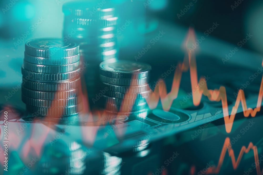 Poster in this image we see a calculator and a coin along with money on a table, along with business graphs