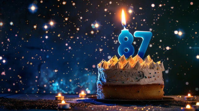 A birthday cake with a number 87 on top, set against a starry night sky. A blue candle is lit with a lighter. There is empty space on the right side of the screen for you to add your own text.