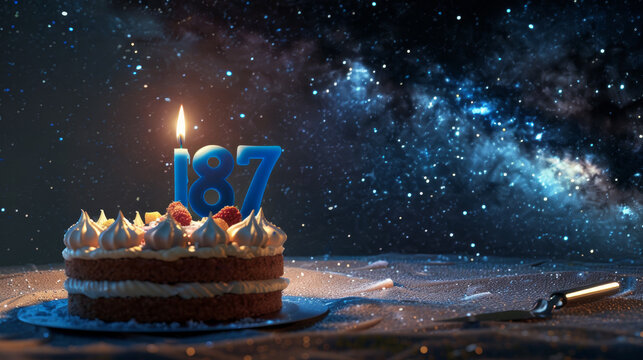 A birthday cake with a number 87 on top, set against a starry night sky. A blue candle is lit with a lighter. There is empty space on the right side of the screen for you to add your own text.