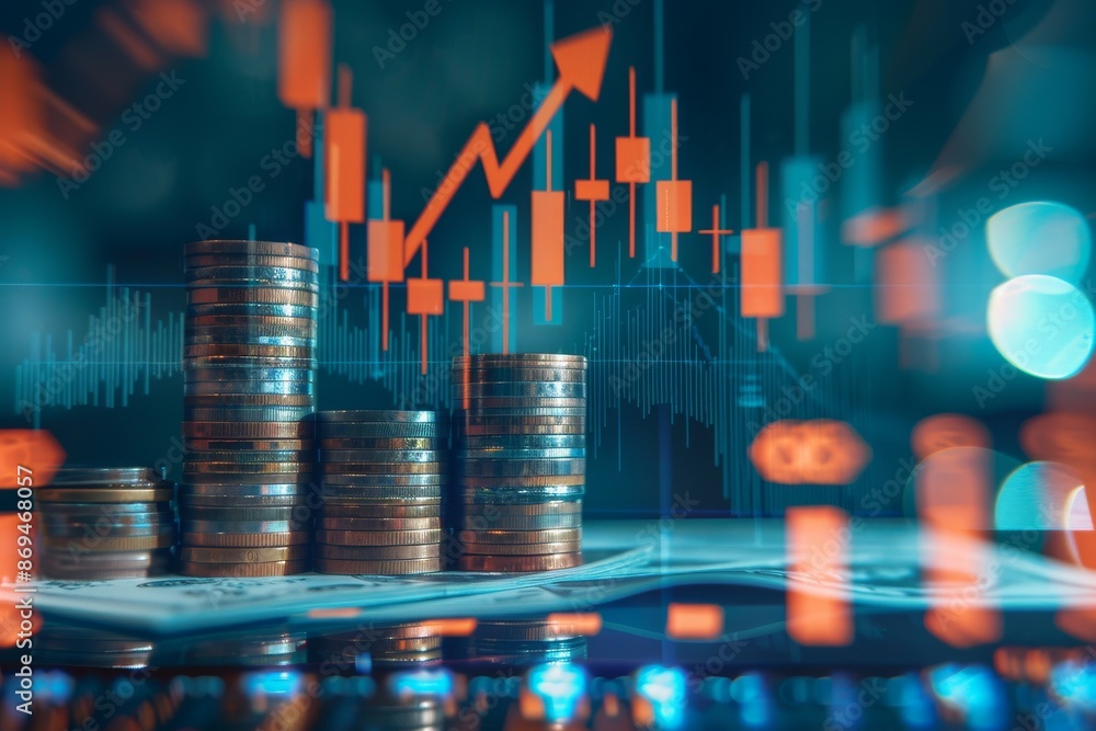 Poster a calculator and a coin as well as a business graph and chart report are displayed on a table and a 