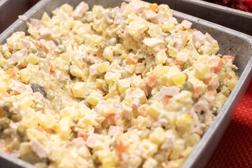 A detailed view of a bowl of potato salad placed on a table