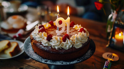 A birthday cake with the number "91" as a candle.