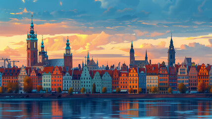 Vibrant old European city cityscape featuring colorful buildings along a waterfront, with reflections in the water and a dramatic cloudy sky overhead. Generative ai raster illustration. 