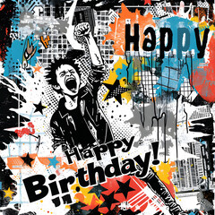 Happy birthday illustration. Music background. Grunge style.