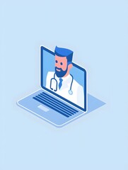 A doctor's face appears on a laptop screen, representing telehealth or online medical consultations.