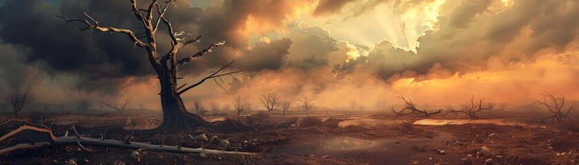 Obraz premium Haunting Desolate Wasteland with Skeletal Remains in Dramatic Surreal Landscape