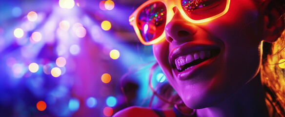 close up of woman smiling with neon sunglasses at a party in the nightclub, party lights, neon colors with copy space