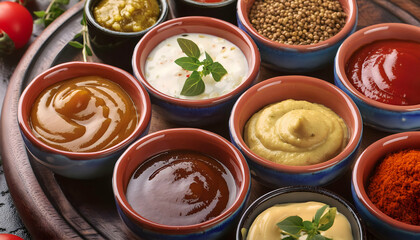 Closeup, top view, Collection Including various sauces and spices with copy space on Generative AI.