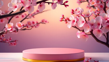 Empty podium for product presentation and Japanese plum tree background.