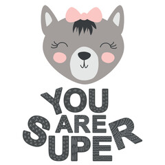 Fototapeta premium Cute face of an animal with lettering. Scandinavian style and pastel palette. baby posters, cards, clothes, childrens rooms