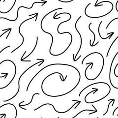 Abstract seamless pattern with quirky doodle arrows. Vector outline line art background. Cute naive squiggle lines