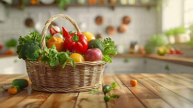 Organic vegetables and fruits mixed in wicker basket isolated on clean