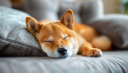 Sleeping Shiba Inu on a Grey Couch