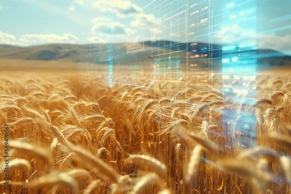 Poster golden wheat field with digital holographic screens displaying agricultural data and ai technology. 