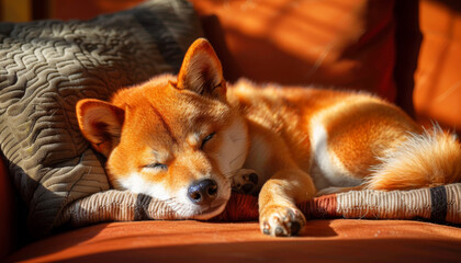 Naklejka na ściany i meble Sleeping Shiba Inu on a Couch