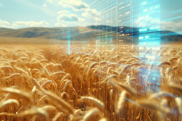 Golden wheat field with digital holographic screens displaying agricultural data and AI technology. Concept of smart farming and modern agriculture. Background of wheat field with technology.