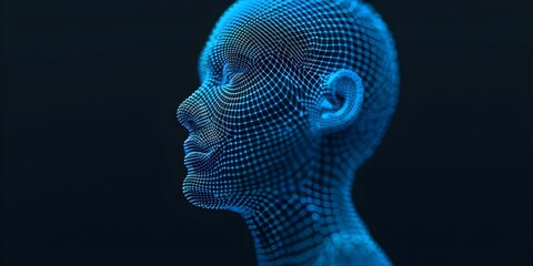 Digital wireframe human head with blue outline on dark background symbolizes advanced technology. Concept Technology, Digital Wireframe, Human Head, Blue Outline, Advanced Technology