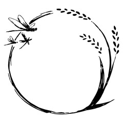 稲、とんぼ、手書きの円形フレーム © 20