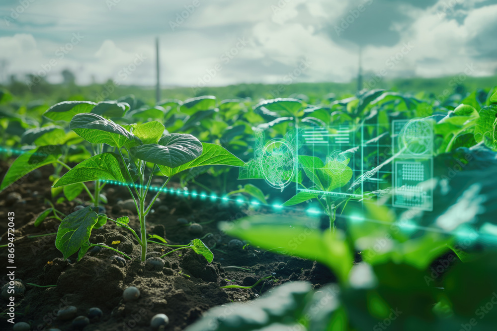 Poster field with young crops under advanced agricultural monitoring background. digital interfaces display