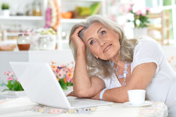 Cute nice senior woman using laptop at home