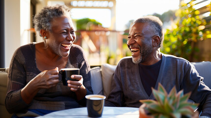 of an LGBTQ+ elder couple sharing a laugh over morning coffee on their patio, the morning light enhancing their features, authentic moments, wisdom, resilience, pe