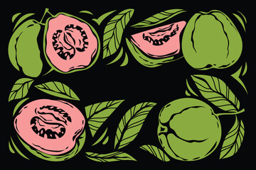 Lots of guava fruit with engraved style for background or template