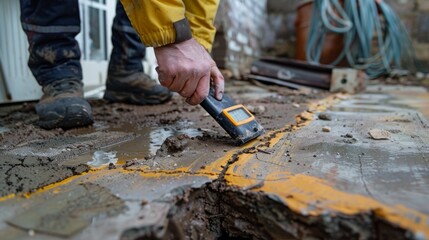 A homeowner uses a moisture meter to measure the concrete's dryness crucial for ensuring successful application of repair materials,