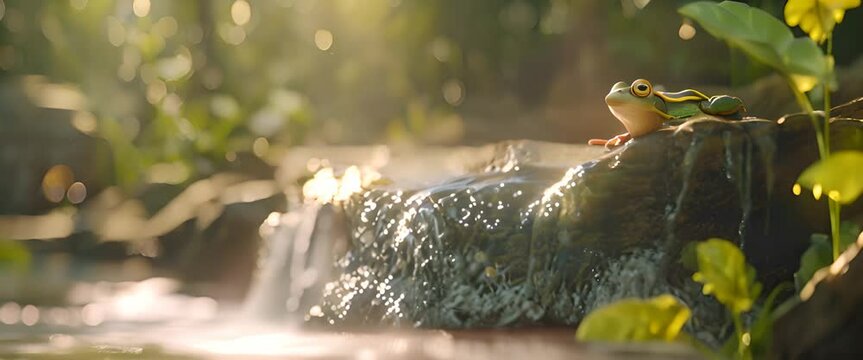 Frog Enjoying a Sunny Day on the Edge of a Waterfall