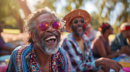  of an LGBTQ+ elder laughing heartily with friends at a sunny outdoor picnic, authentic moments, wisdom, resilience, personalities, LGBTQ+, individuals, elders, wit