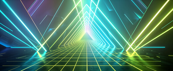 Yellow Green blue neon lines, geometric shapes, virtual space, u