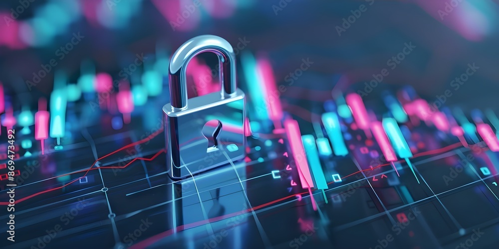 Poster lock symbol overlaying a business analytics chart for added security. concept data security, busines