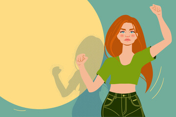 Strong independent woman portrait, bright pop art paint color artwork, vector flat illustration with copy space. Girl power feminism sisterhood support