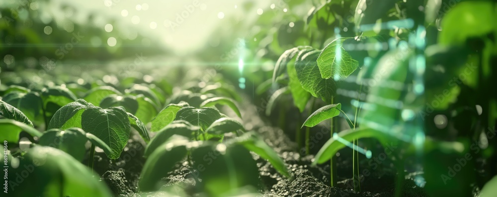 Poster green soybean plants growing in rows with digital holographic screens displaying agricultural data. 