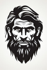 Intense portrait of a bearded prehistoric man in ink