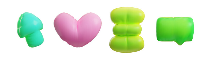A set of inflatable design elements. Cute 3d doodle style. Bright modern trends icons with bubble message, heart and arrow cursor interface.