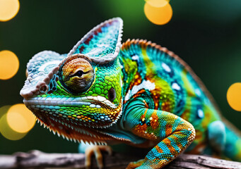 Obraz premium closeup of a colorful chameleon lizard. Generative AI. 