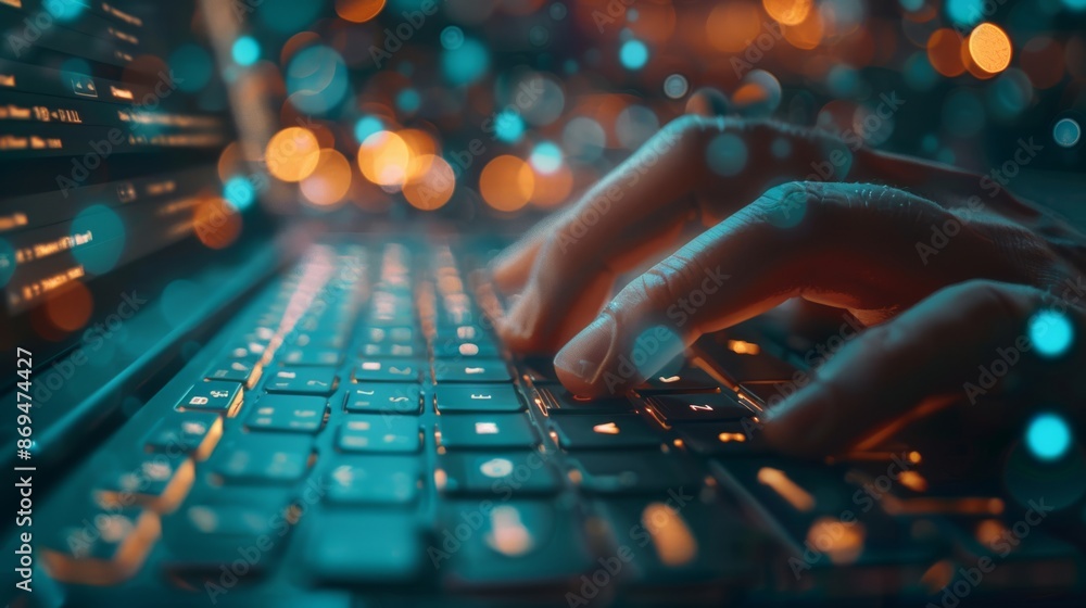 Poster a person typing on a keyboard with a vibrant and colorful bokeh background, symbolizing technology a