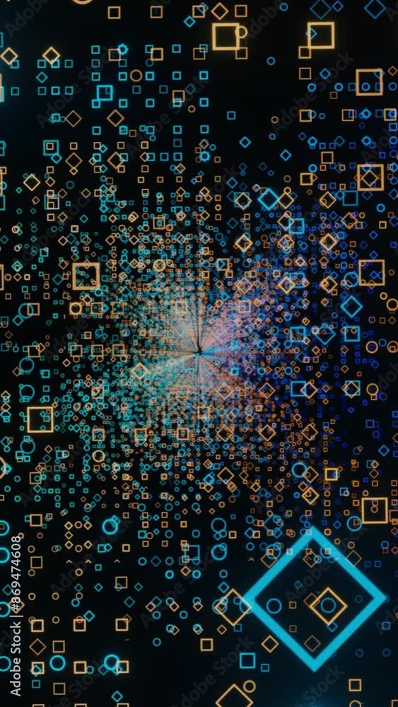 Poster motion of futuristic small squares in digital virtual space. design. spinning technological 3d space
