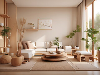 3d interior of a Japandi style interior living room a design with simplicity, natural elements, and minimalism, interior, 