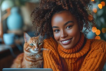 Smiling Woman With Orange Cat in Cozy Indoor Setting