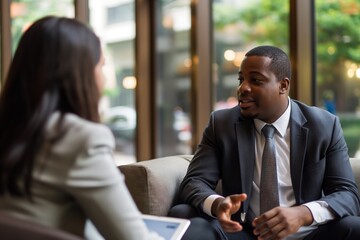 Two colleagues in a business meeting, engaged in a professional discussion by a window.