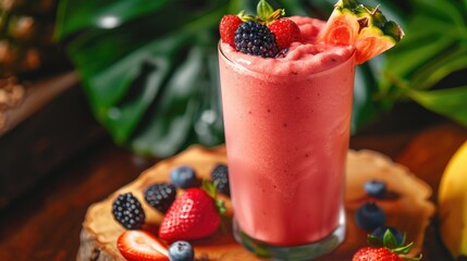 Tropical smoothie with fruit garnish, refreshing drink