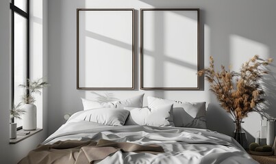 Modern bedroom with an empty frame on the wall